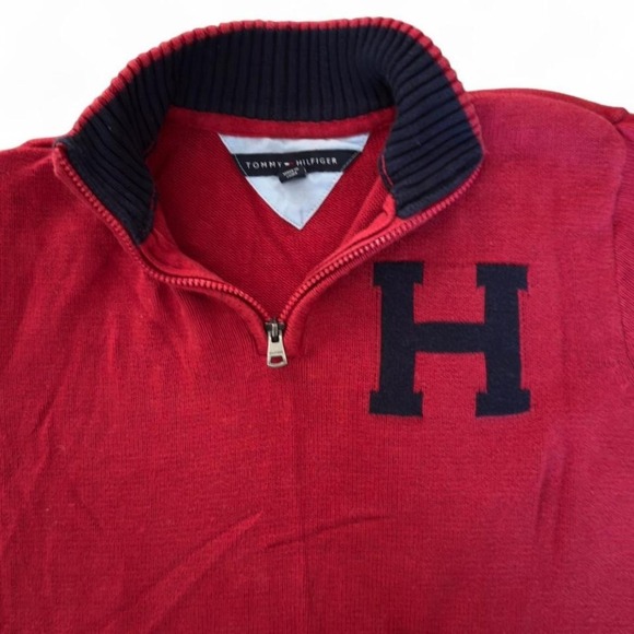 Tommy Hilfiger - Men's XL Quarter Zip Sweater - Red Navy Varsity H Logo Pullover - Picture 3 of 4
